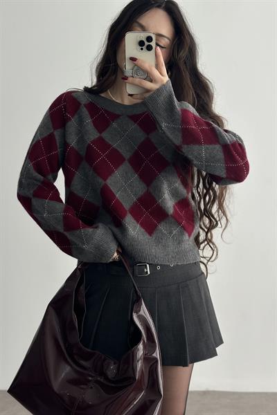 Premium Baklava Desenli Gri/Bordo Kazak