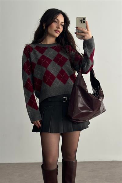 Premium Baklava Desenli Gri/Bordo Kazak