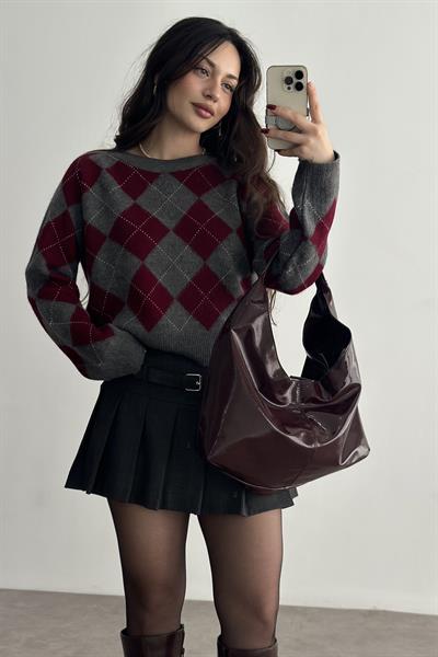 Premium Baklava Desenli Gri/Bordo Kazak