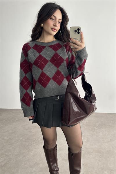 Premium Baklava Desenli Gri/Bordo Kazak