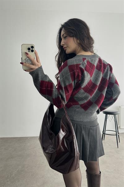 Premium Baklava Desenli Gri/Bordo Kazak