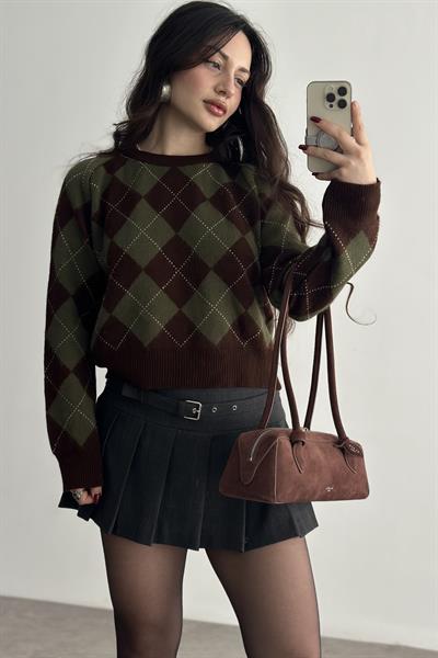 Premium Baklava Desenli Kahve Kazak