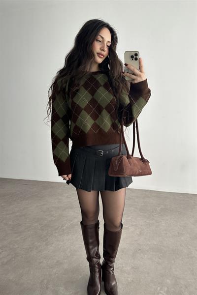 Premium Baklava Desenli Kahve Kazak