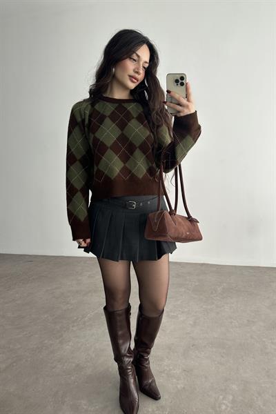 Premium Baklava Desenli Kahve Kazak