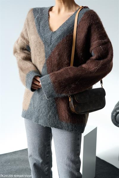 Premium Baklava Desenli V Yaka Kazak