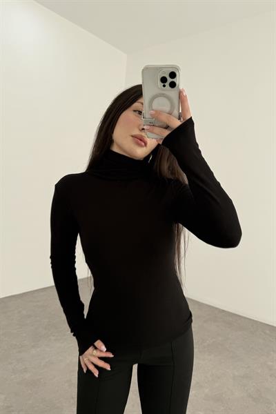 Premium Balıkçı Yaka Kaşmir Dokulu Siyah Body