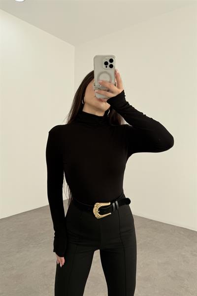 Premium Balıkçı Yaka Kaşmir Dokulu Siyah Body