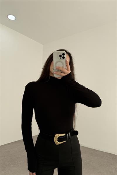 Premium Balıkçı Yaka Kaşmir Dokulu Siyah Body