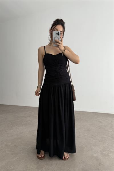 Premium Belden Büzgülü Askılı Maxi Elbise Siyah