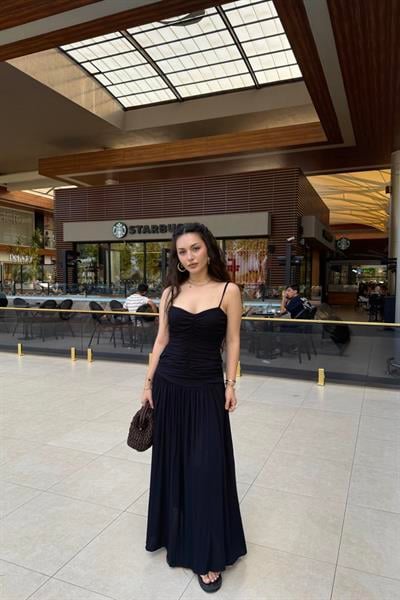 Premium Belden Büzgülü Askılı Maxi Elbise Siyah