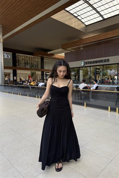 Premium Belden Büzgülü Askılı Maxi Elbise Siyah