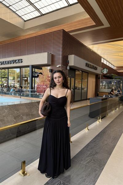 Premium Belden Büzgülü Askılı Maxi Elbise Siyah