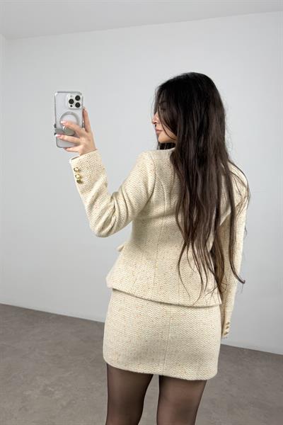 Premium Belden Oturtmalı Ekru Etek Ceket Takım