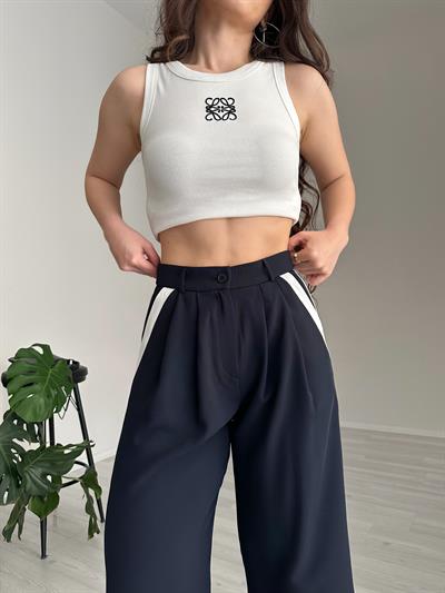 Premium Beyaz Şeritli Dökümlü Palazzo Pantolon Lacivert