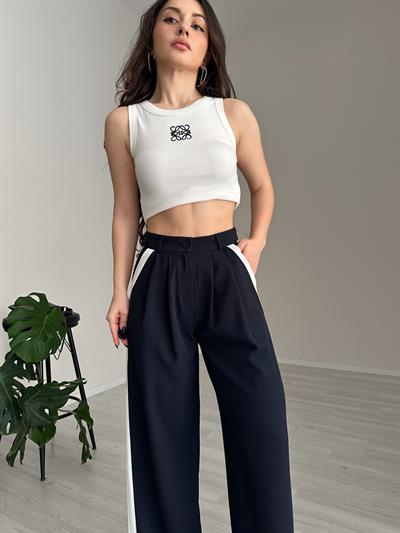 Premium Beyaz Şeritli Dökümlü Palazzo Pantolon Lacivert