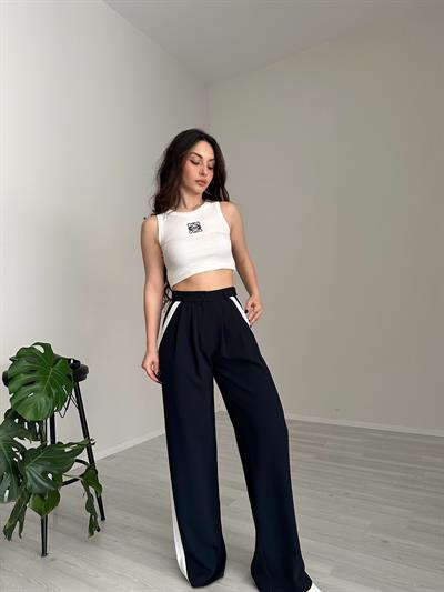 Premium Beyaz Şeritli Dökümlü Palazzo Pantolon Lacivert