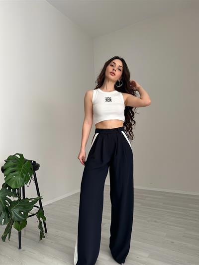 Premium Beyaz Şeritli Dökümlü Palazzo Pantolon Lacivert