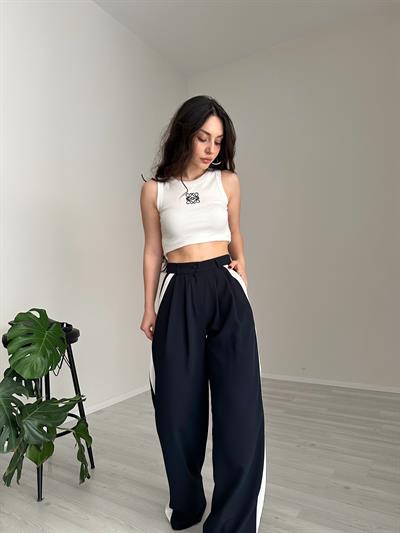 Premium Beyaz Şeritli Dökümlü Palazzo Pantolon Lacivert