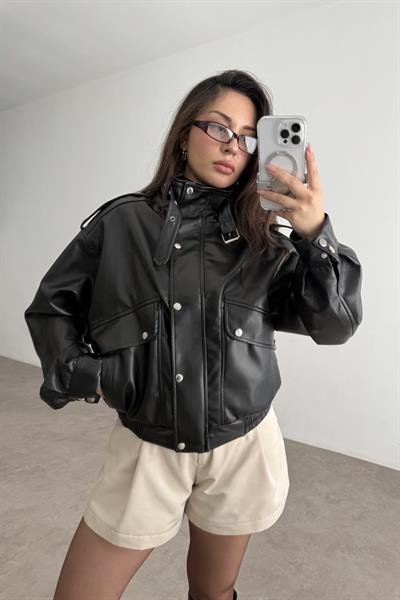 Premium Biker Model Dik Yakalı Deri Ceket