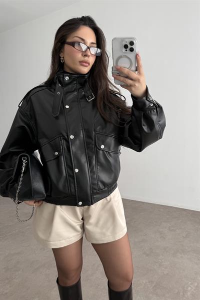 Premium Biker Model Dik Yakalı Deri Ceket