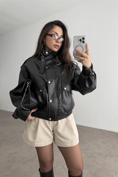Premium Biker Model Dik Yakalı Deri Ceket