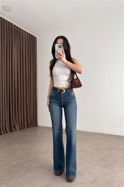 Premium Boho Kemerli Flare Vintage Jean