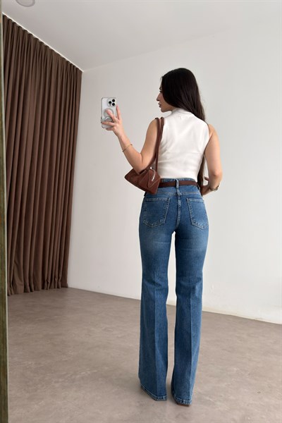 Premium Boho Kemerli Orta Mavi Jean