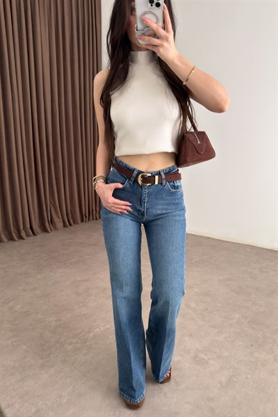 Premium Boho Kemerli Orta Mavi Jean