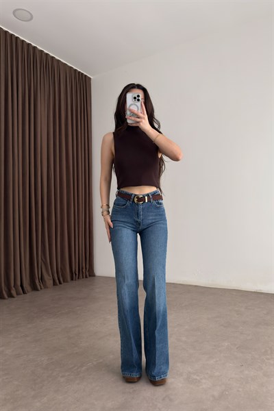 Premium Boho Kemerli Orta Mavi Jean