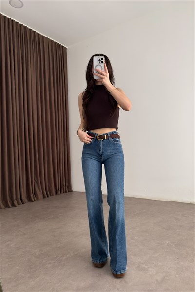 Premium Boho Kemerli Orta Mavi Jean