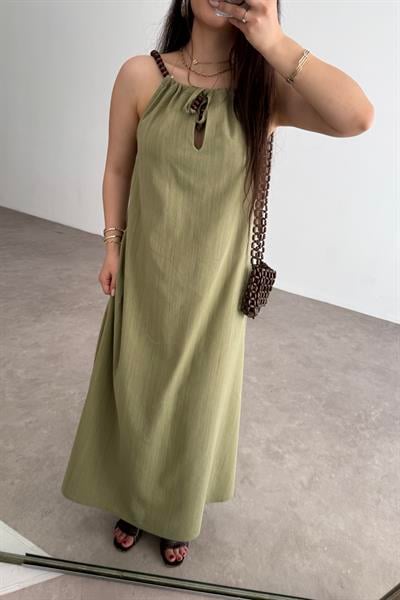 Premium Boncuk Askılı Elbise Çağla 