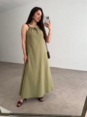 Premium Boncuk Askılı Elbise Çağla 