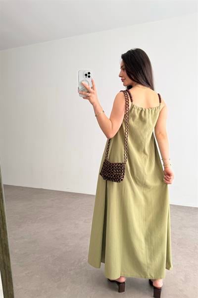 Premium Boncuk Askılı Elbise Çağla 