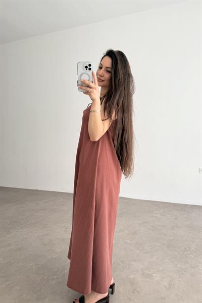 Premium Boncuk Askılı Elbise Mürdüm