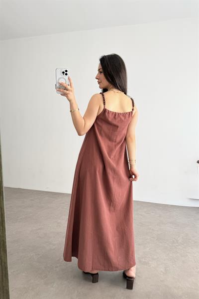 Premium Boncuk Askılı Elbise Mürdüm