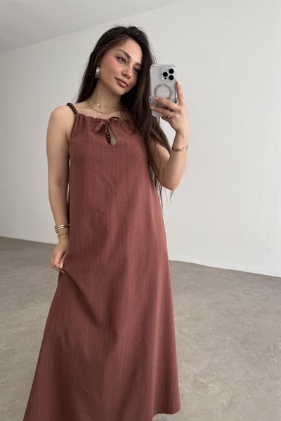 Premium Boncuk Askılı Elbise Mürdüm