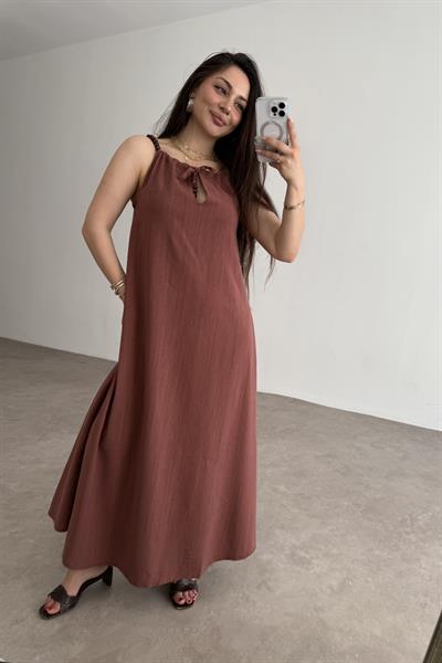 Premium Boncuk Askılı Elbise Mürdüm