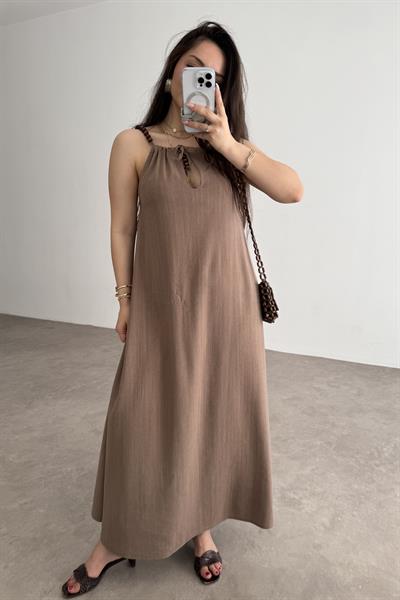 Premium Boncuk Askılı Elbise Vizon