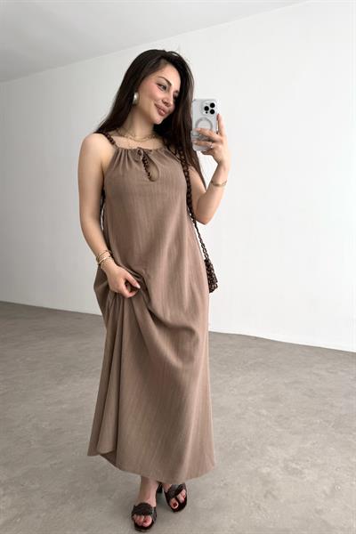 Premium Boncuk Askılı Elbise Vizon