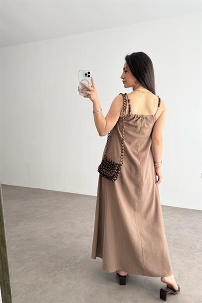 Premium Boncuk Askılı Elbise Vizon