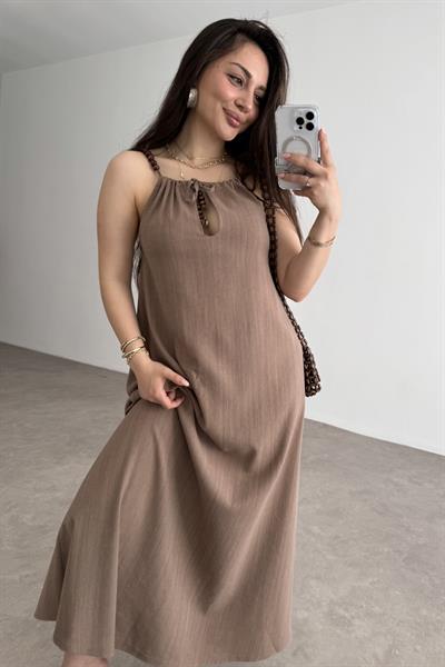 Premium Boncuk Askılı Elbise Vizon