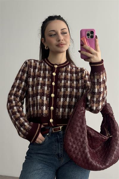 Premium Bordo Desenli Gold Düğmeli  Hırka