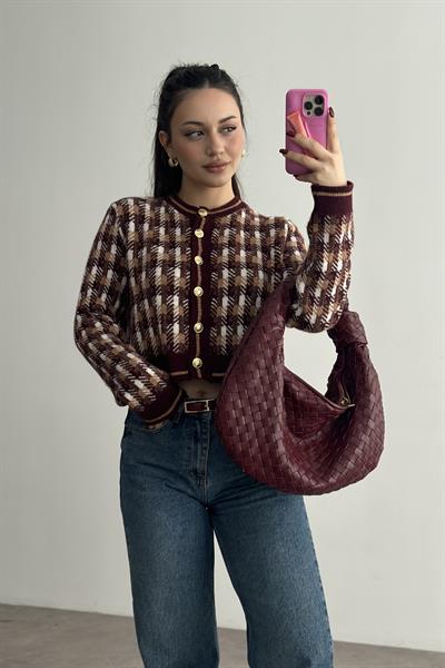 Premium Bordo Desenli Gold Düğmeli  Hırka