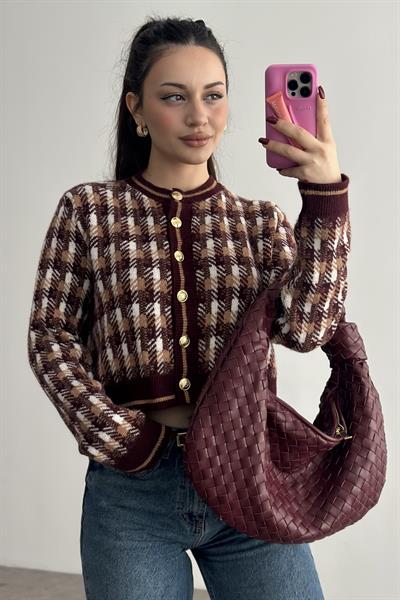 Premium Bordo Desenli Gold Düğmeli  Hırka