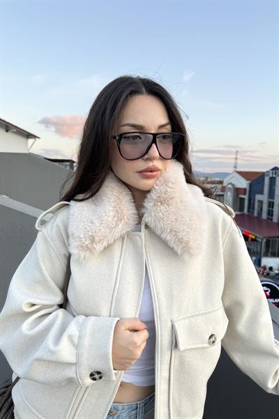 Premium Cep Detaylı Bomber Kaşe Kürklü Ekru Kaban