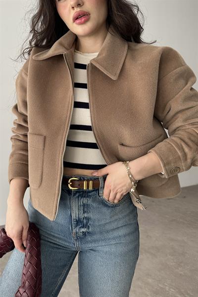 Premium Cep Detaylı Tüy Dokulu Kahve Ceket