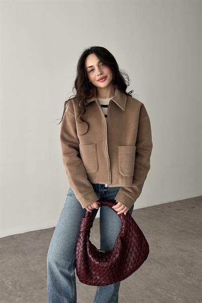 Premium Cep Detaylı Tüy Dokulu Kahve Ceket