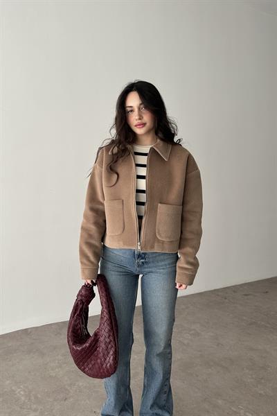 Premium Cep Detaylı Tüy Dokulu Kahve Ceket