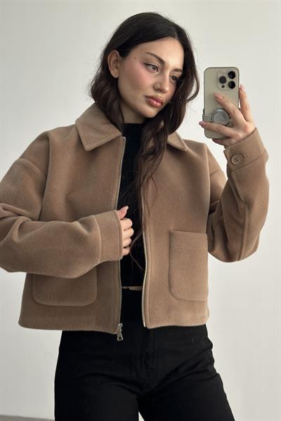 Premium Cep Detaylı Tüy Dokulu Kahve Ceket