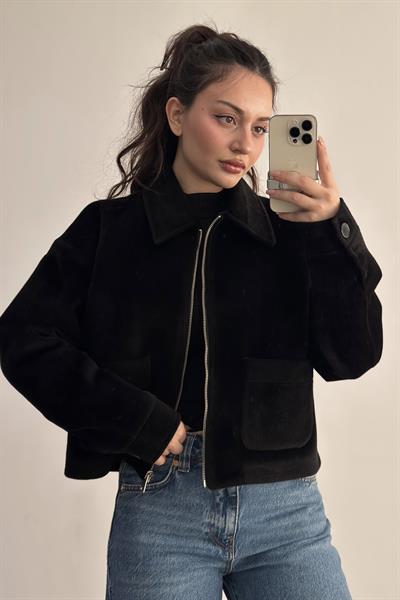 Premium Cep Detaylı Tüy Dokulu Siyah Ceket